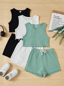 SHEIN Leap Crew 3pcs/Set Tween Girls' Knitted Solid Color V-Neck Top And Loose Shorts With Knitted Cardigan Set - Multicolor - View 1