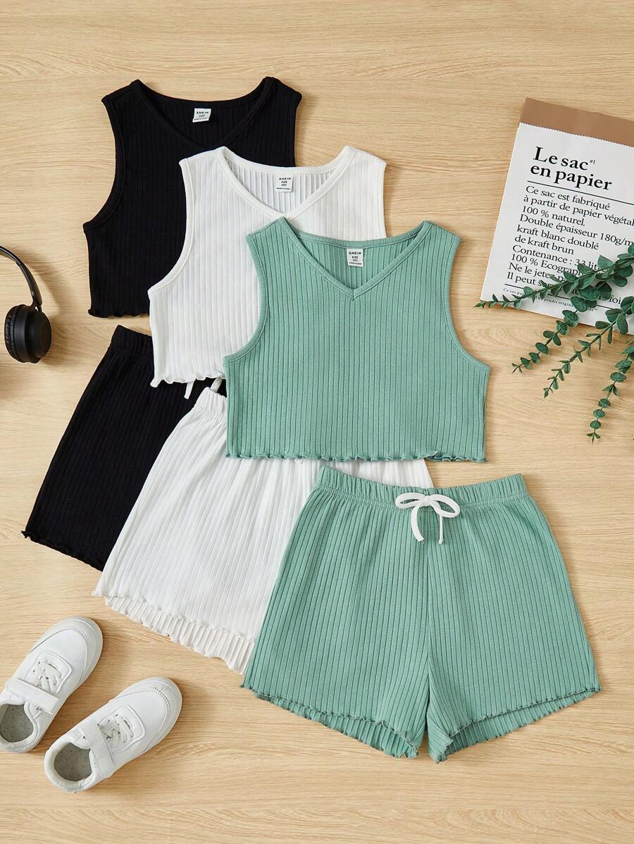 SHEIN Leap Crew 3pcs/Set Tween Girls' Knitted Solid Color V-Neck Top And Loose Shorts With Knitted Cardigan Set - Multicolor - View 1