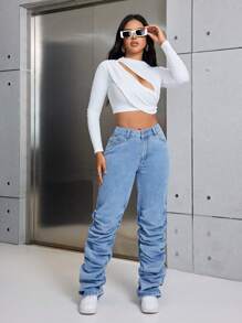 SHEIN SXY Women's Pleated Denim Jeans - Blue - View 6