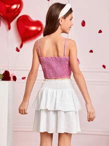 Tween Girls' Woven Solid Color Spaghetti Strap Top With Bowknot Detail And Woven Layered Skirt Set