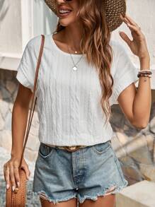SHEIN LUNE Solid Texture Short Sleeve T-Shirt - White - View 1