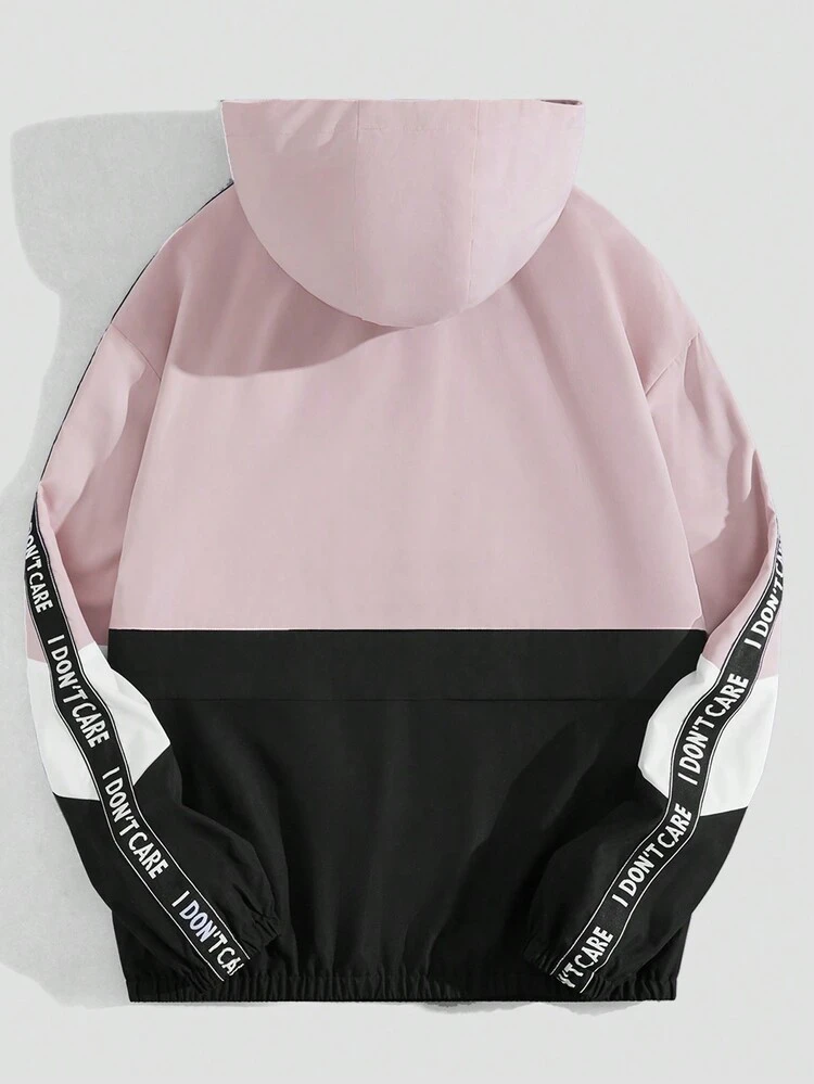 Loose Color Block Print Sleeve Hooded Woven Jacket For Men, For Fall Winter