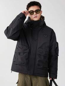 男款帶連帽保暖羽絨外套,下擺帶束帶設計,前拉鍊式 - 黑色 - 查看 1