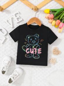 SHEIN 女嬰熊和字母圖案T恤 - 黑色 - 查看 1