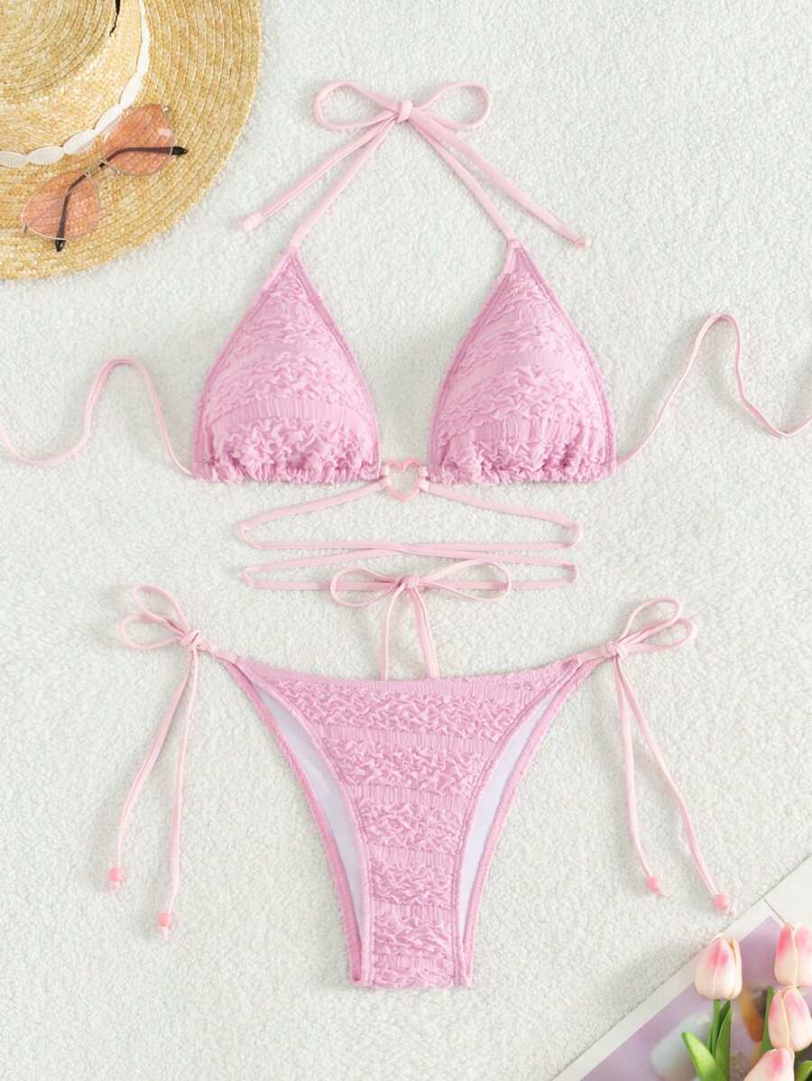 SHEIN Swim Damski komplet bikini w jednolitym kolorze Walentynkowa letnia plaża - Różowy - Zobacz 1