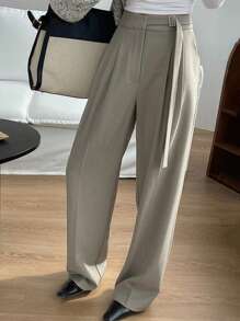 DAZY 女士纯色系带阔腿裤，带口袋，商务正装裤 - 卡其色 - 查看 1