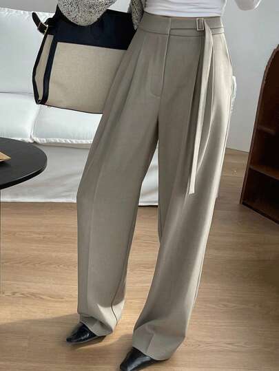 DAZY 女士纯色系带阔腿裤，带口袋，商务正装裤