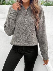 SHEIN Frenchy Women's Half Zipper Turtleneck Long Sleeve Sweater - Dark Grey - View 4