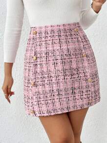 SHEIN Frenchy Women's Thick Woolen Double-Breasted Skirt - Pink - View 5