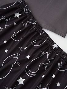 Teen Girls' Cat Pattern Printed Short Sleeve T-Shirt And Shorts Homewear Set - Dark Grey - View 5