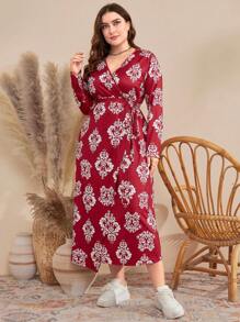 Mulvari Plus Size Women'S Full Print Wrap Collar Dress - Red and White - View 5