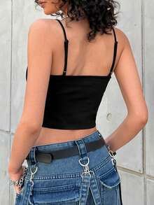 SHEIN EZwear Women's Letter Pattern Rhinestone Decor Spaghetti Strap Tank Top Suitable For Spring And Summer - Black - View 2