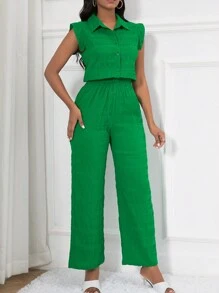 SHEIN Clasi Women's Sleeveless Textured Blouse And Pants Two-Piece Set - Green - View 4
