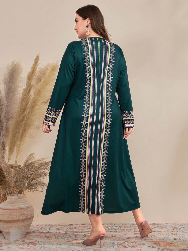 Plus Size Geometric Pattern V-Neck Long Sleeve Dress Kaftan Jalabiya Dress