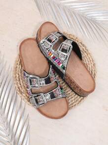 SHUZIA Women's Boho Beaded Double Buckle Open Toe Cork Footbed Multi Black Slide Sandals-Colorful Vintage Style Summer Shoes Spring Shoes Spring Break Easter Vacation Shoes Casual Shoes Beach Shoes Mother's Day Present