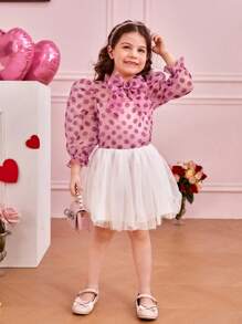 SHEIN Cô Gái Trẻ Đàn organza Chấm bi Ren Đứng cổ áo Áo sơ mi Với Nơ Đồ trang trí Đối với Giải trí Mặc - Hồng - Xem 6