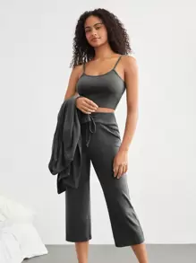 Ocili Leisure Women's Long Sleeve Open Front Jacket, Camisole, Pants Home Wear Suit - Dark Grey - View 6