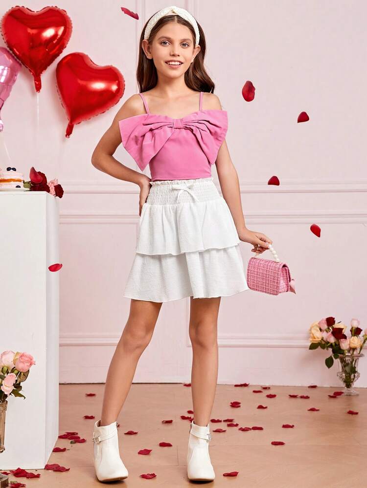 Tween Girls' Woven Solid Color Spaghetti Strap Top With Bowknot Detail And Woven Layered Skirt Set