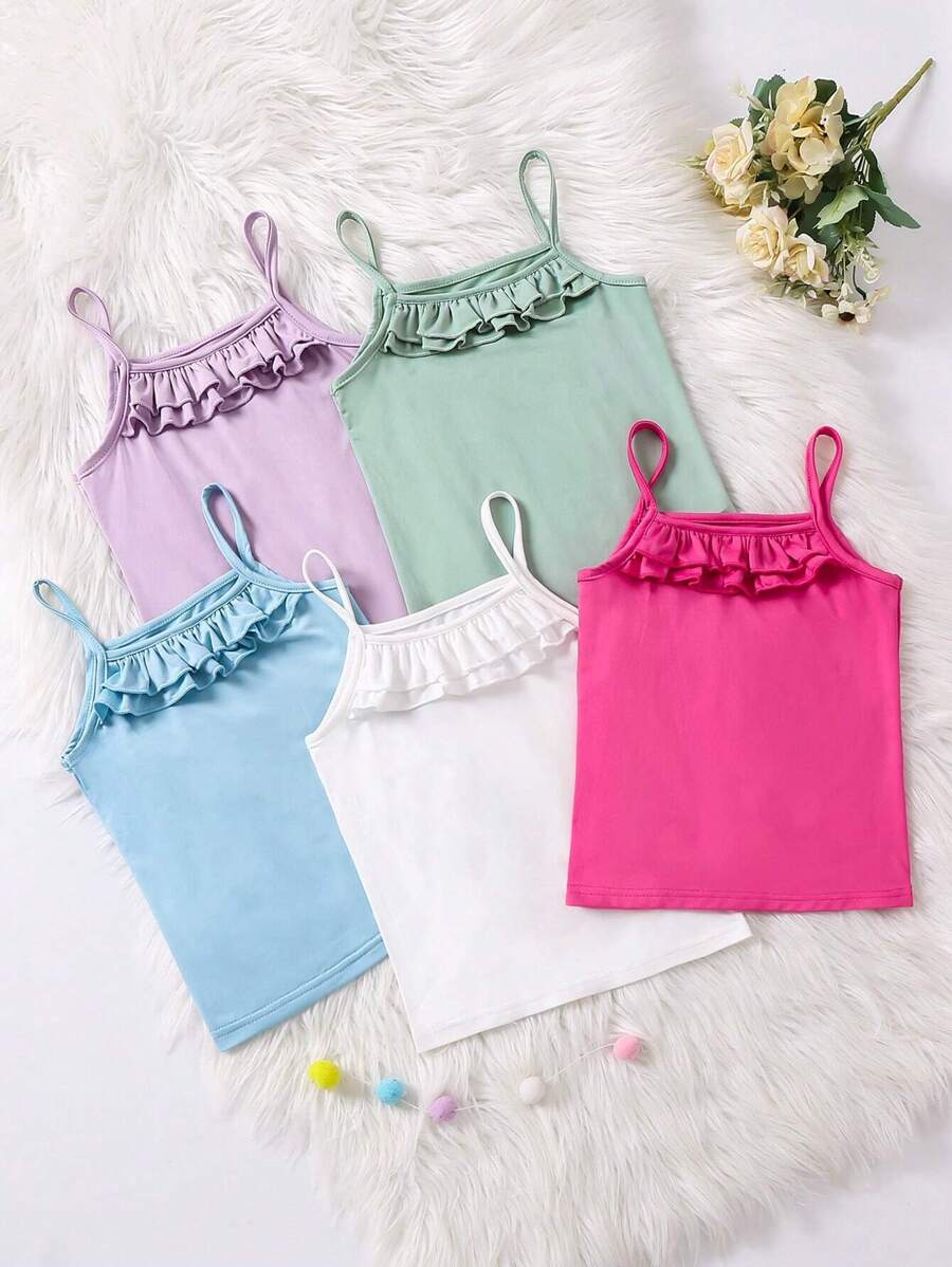SHEIN Playful Pals Young Girl Solid Color Ruffle Edge Cami Top Set, Pack Of 5,Holiday,Summer,Travel, School, Campus, College