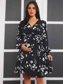 SHEIN 孕妇花卉裹身V领灯笼袖连衣裙 - 黑色 - 查看 1
