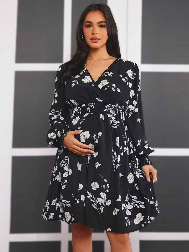 Maternity Floral Wrap V-Neck Lantern Sleeve Dress