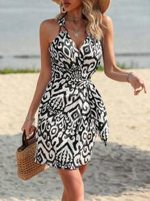 Breezaya Vestido Con Cuello Halter Y Estampado Completo Para Mujer - Blanco y Negro - Ver 7