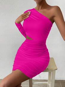 Allurite Solid Color Slim Fit Hollow Out Pleated Dress - Red Violet - View 5