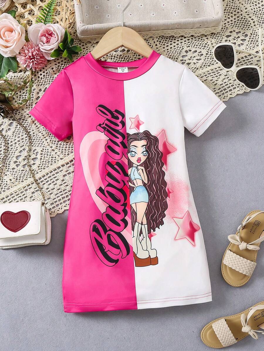 SHEIN 春夏季少女可愛風格漫畫印花短袖連衣裙,圓領對比色 - 玫紅色 - 查看 1