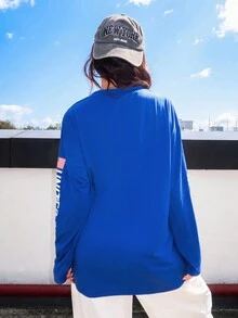 SHEIN EZwear Usa Flag & Letter Printed T-Shirt - Royal Blue - View 2