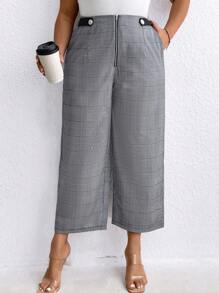 SHEIN LUNE Plus Size Women's Zipper Fly Plaid Checked Pants - Grey - View 4