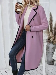 SHEIN LUNE Của phụ nữ DOUBLE-BREASTED Len áo Với Tương phản Màu sắc Cạnh - Hồng - Xem 5