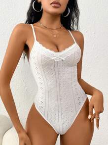 SHEIN EZwear Women's Lace Splice Hollow Out Embroidery Bodysuit - White - View 5