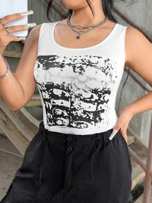SHEIN EZwear Camiseta Sin Mangas Estampada De Talla Grande