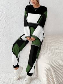 SHEIN Unity Women's Contrast Color Round Neck Long Sleeve Top And Pants Two Piece Set - Green - View 1