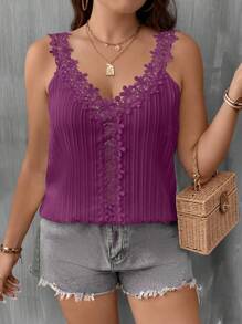 SHEIN Clasi Blusa Sin Mangas De Encaje Y Mezcla De Texturas Para Mujer De Talla Grande - Morado - Ver 1