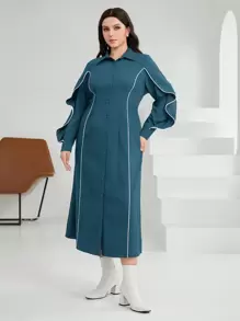 Mulvari Plus Size Color Block Rolled Edge Long Sleeve Dress