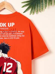 SHEIN Camiseta Deportiva De Manga Corta Para Niños Con Diseño De Personajes De Caricaturas Y Eslogan De Básquetbol De Ajuste Holgado - Naranja - Ver 5