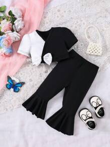 Conjunto de blusa de bloques de color y pantalones acampanados sólidos para bebé niña - Negro - Ver 1