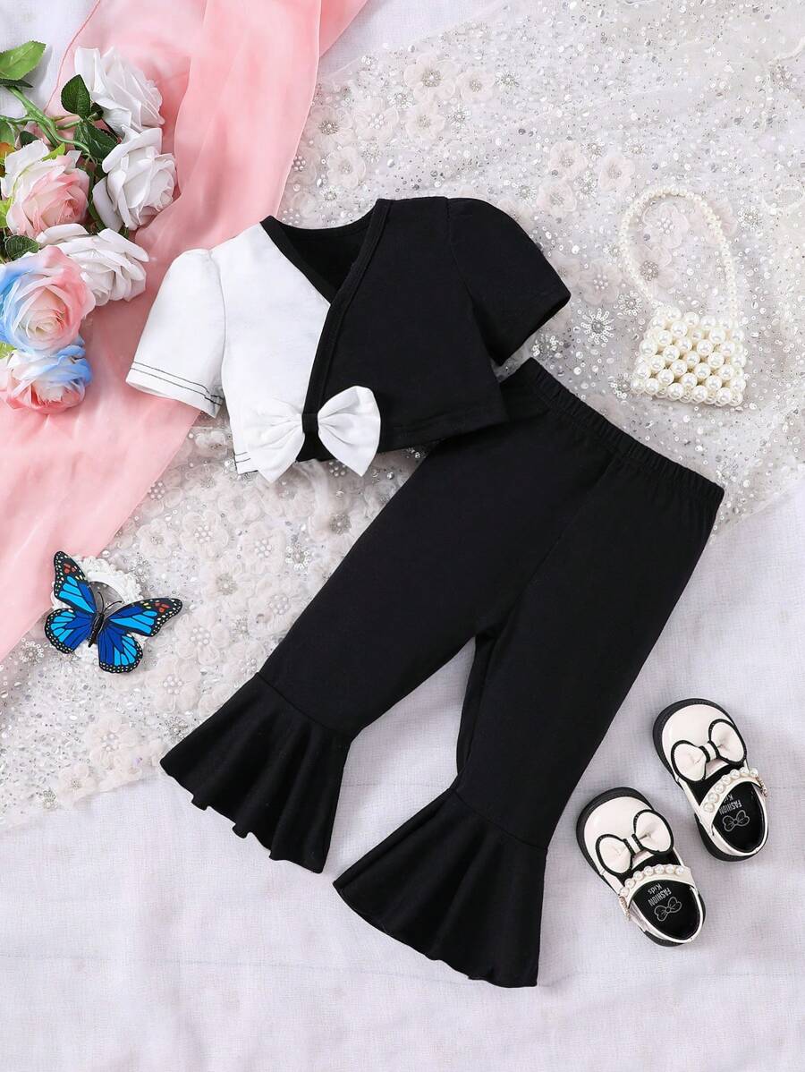 Conjunto de blusa de bloques de color y pantalones acampanados sólidos para bebé niña - Negro - Ver 1