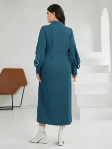 Mulvari Plus Size Color Block Rolled Edge Long Sleeve Dress