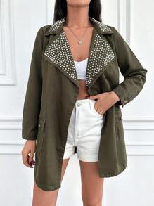 EURMUSE Women's Lapel Belted Denim Jacket - Khaki - View 5