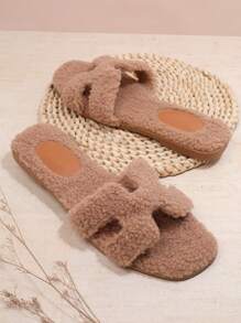 SHUZIA 女士纯色平底毛茸茸凉鞋万圣节圣诞节秋冬 - 杏色 - 查看 2