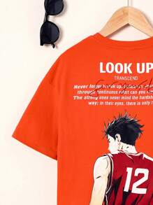 SHEIN Camiseta Deportiva De Manga Corta Para Niños Con Diseño De Personajes De Caricaturas Y Eslogan De Básquetbol De Ajuste Holgado - Naranja - Ver 4
