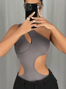 SHEIN ICON One Shoulder Cut Out Bodysuit - Grey - View 1