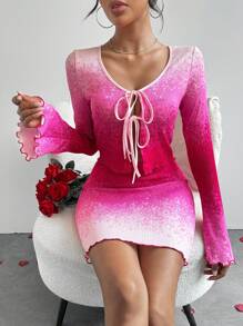 SHEIN Essnce 女士情人节粉色渐变长袖上衣和裙子两件套服装 - 彩色 - 查看 3