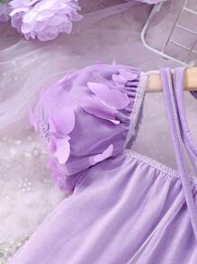 Baby Girls' Butterfly Applique Mesh Splicing Dress - Purple - View 5