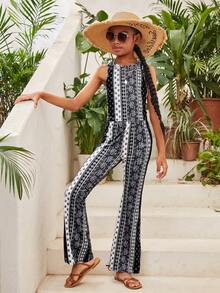 青少年女孩休閒度假花卉印花圓領無袖背心和喇叭褲套裝 - 黑與白 - 查看 6