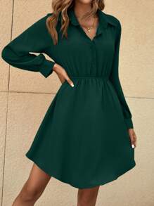 SHEIN Frenchy Màu thuần Eo-thắt chặt Đầm - Màu xanh lá cây đậm - Xem 5