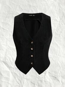 SHEIN EZwear Button Up Woven Vest Jacket With Plus Size - Black - View 1