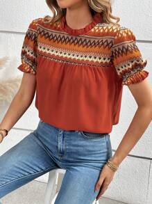 Chiquease Elegant Geometric Print Puff Sleeve Round Collar Blouse For Women - Orange - View 5